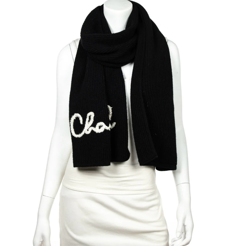 CHANEL NWT 100% Cashmere Black Stole Scarf. Hand Embroidered Pearl Logo - Picture 2 of 8
